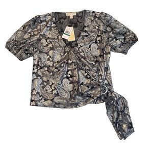 NWT Michael Kors Black Silver Foil Paisley Wrap Top Blouse Women Large MSRP $110
